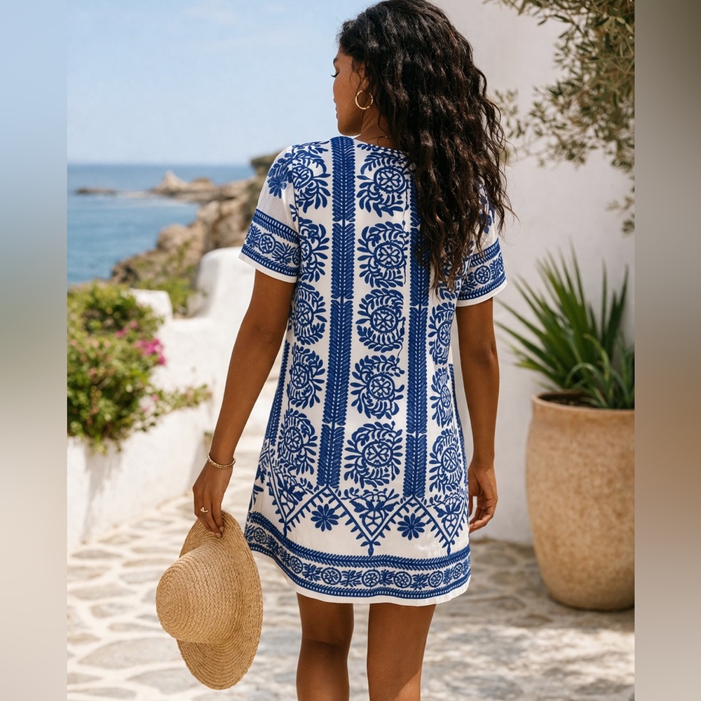 Lulus Blue & White Embroidered Shift Dress | Boho Coastal | Size Small